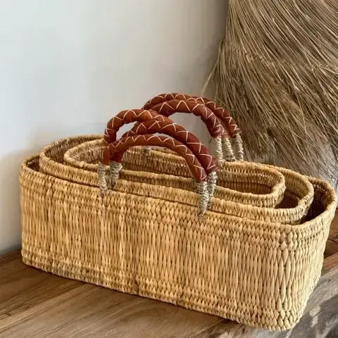 REED BASKET WITH LEATHER Handles